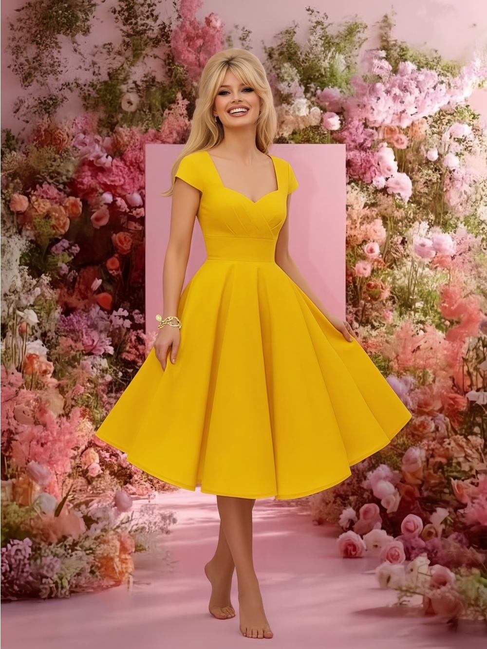Yellow Fit-and-Flare Midi Dress with Cap Sleeves - Picture 5 of 7